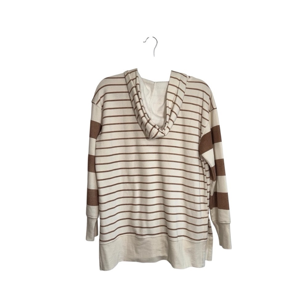 Maurices Sweatshirt Cream & Brown Stripe V-neck Hooded Oversized Medium Women’s - Picture 3 of 11